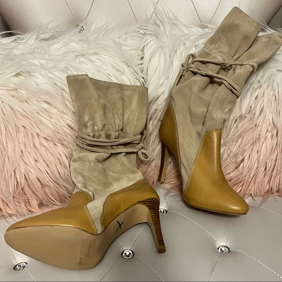 NEW RARE Colin Stuart Tan Suede/Leather Heeled Mid Calf Tie Up Boots - Picture 2 of 12